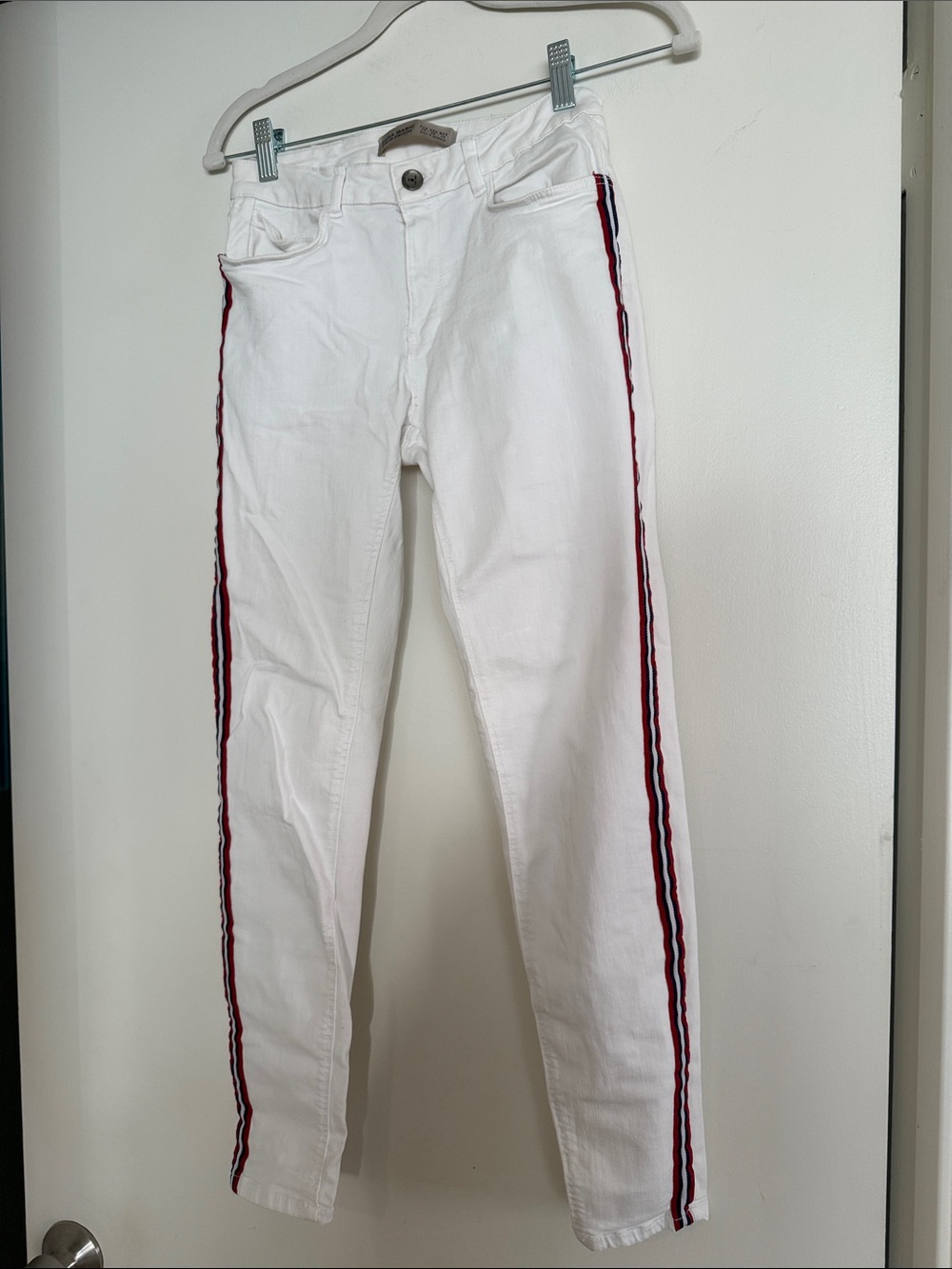 Zara White Women’s Skinny Legging Jean with Red & Navy Side Stripe